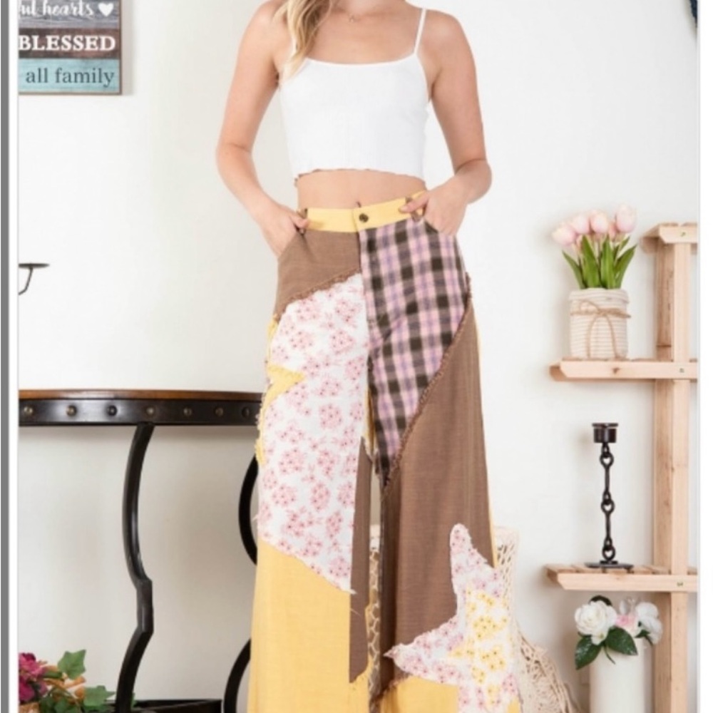 NWT - Blue Velvet Wide Leg Patchwork Pants - Yellow, Brown, Pink